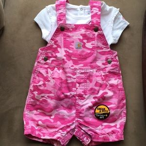 Carhartt 24mo. Onesie and short overalls.